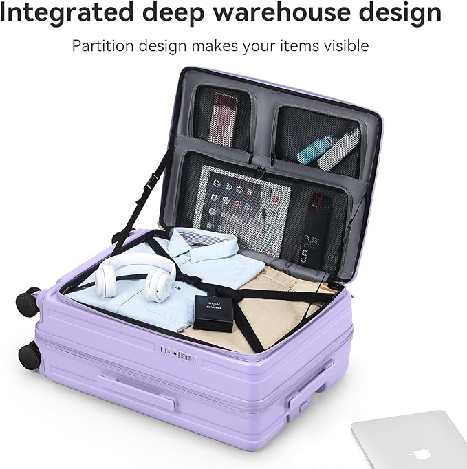 ROAMING 26-Inch Checked Luggage Expandable Front Opening Rolling Vacation Suitcase with Spinner Wheels and TSA Lock Cup Holder, PC Hard Shell Travel Trolley Case for Shout Business Trips purple