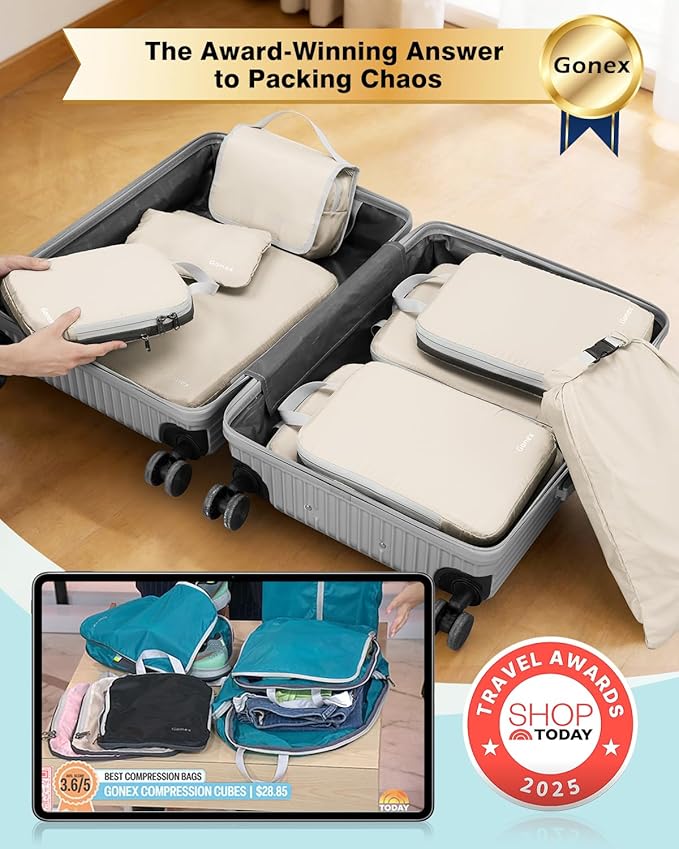 Gonex 10 Set Compression Packing Cubes, Expandable Storage Travel Bags for Suitcase, Luggage Organizers with Hanging Toiletry Bag Laundry Bag Shoe Bag Accessories Bag (Cream)
