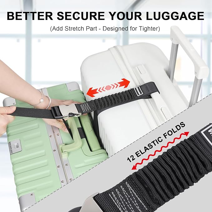 Luggage Straps, Stretchable Luggage Connector Straps for Suitcases, Metal Buckle Add A Bag Adjustable Attachment Accessories Belts (Black-Metal Buckle, 1.5" W)