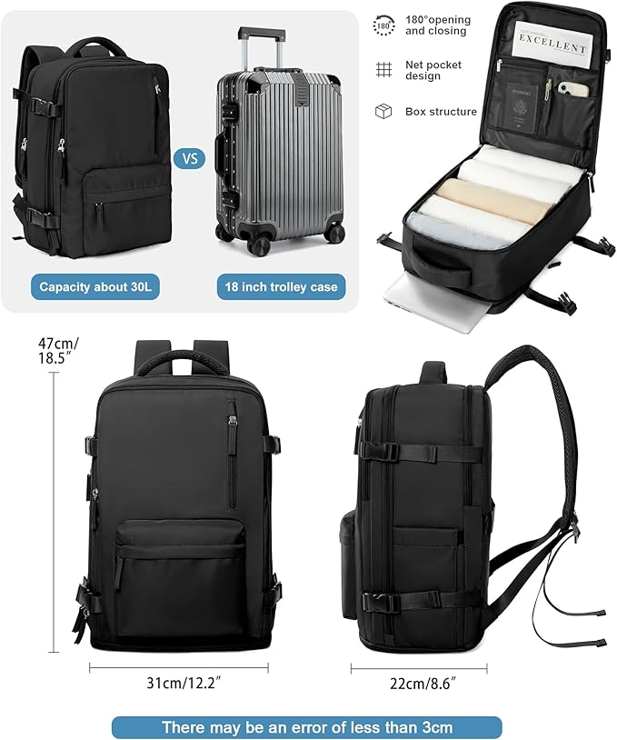 VGCUB Large Travel Backpack Bag for Women Men,Carry on Backpack,17 Inch Laptop Business Work Waterproof Backpack with Laptop Compartment,Person Item Flight Approved,Mochila de Viaje,Black Large