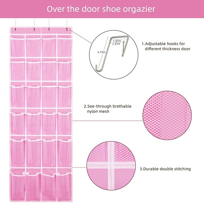 2 Pack Hanging Shoe Organizer，Over Door Shoe Organizer with 24 Mesh Large Pockets Shoe Storage Bag for Sport Shoes Size:58x21 Inch Hanging Door Shoe Rack Organizer (Pink-2pack)