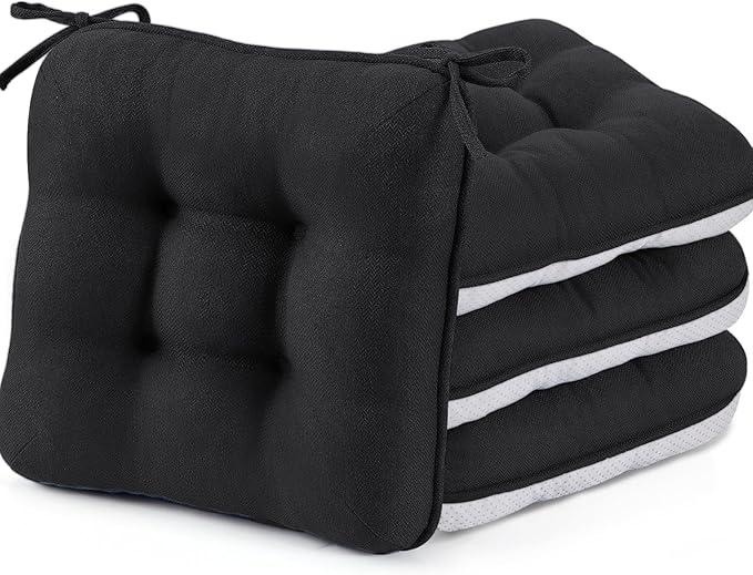BETU Black Chair Cushions for Dining Chairs Set of 4,3.5" Thick Kitchen Table Chair Pads with Ties,Non Slip Backing and Covers,Seat Cushion for Dining Room,Bar,Patio Chairs,16"X16"X3.5",Black