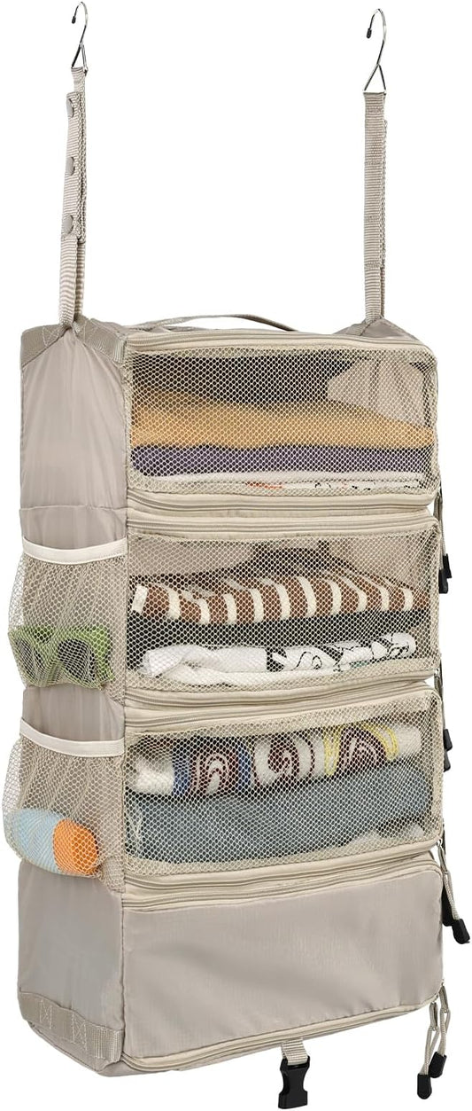 Surblue Travel Hanging Luggage Organizer Portable Suitcase Closet Organizer Multiple Compartments Collapsible Compression Packing Cubes Shelf, Beige, S