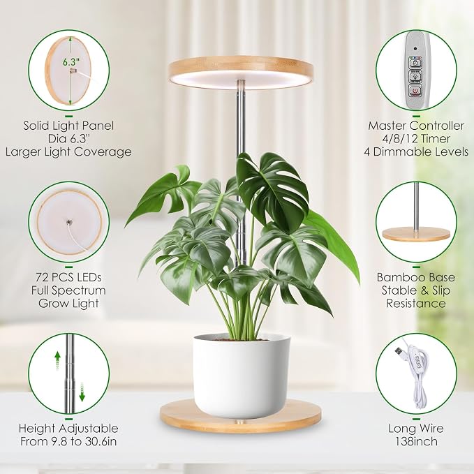 LORDEM Indoor Plant Light, Bamboo Desk Lamp with Timer | Full Spectrum 380-800nm, 72 LEDs, 4 Dimmable Levels, Height Adjustable 7.8-26 inch, Auto Timer 4/8/12H