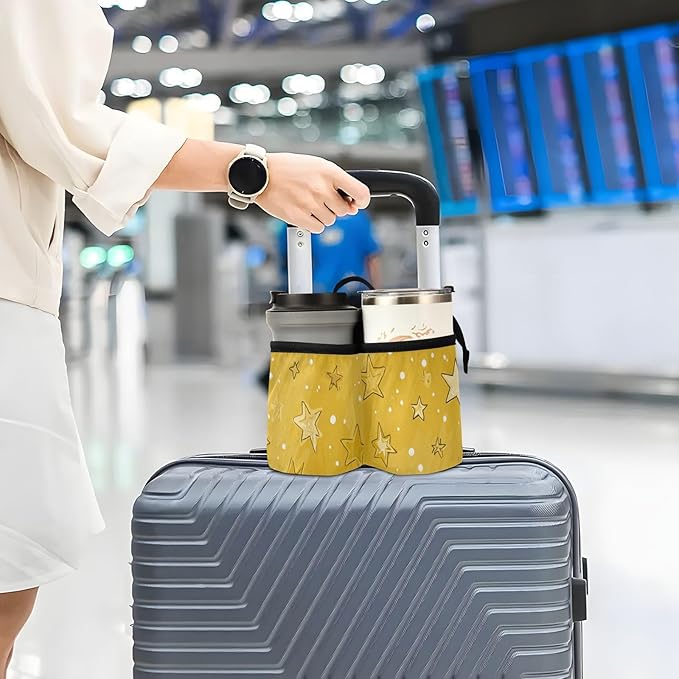 Luggage Cup Holder for Suitcases Free Hands Travel Cup Holder Portable Suitcase Cup Drink Holder Luggage Cup Caddy Bag Carrier Cute Golden Stars and Dots