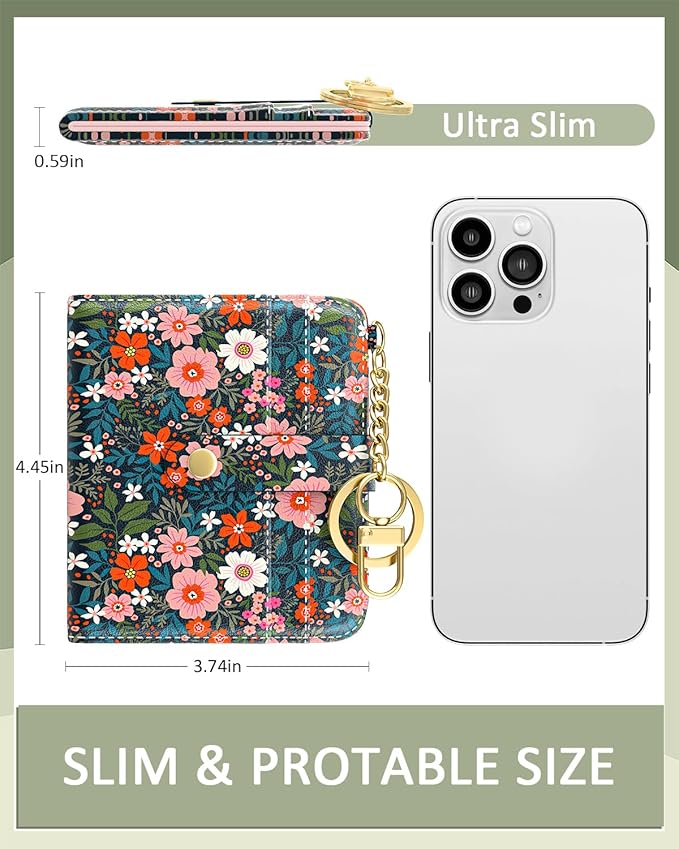 Aiawoxc Womens Wallet, RFID Small Wallets for Women, Slim Compact Credit Card Holder, Cute Leather Bifold Ladies Purse with Zipper Coin Pocket and ID Window, Cute Flowers