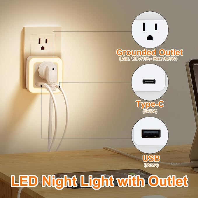 Night Lights Plug Into Wall 2 Pack Rechargeable Battery Backup Light | Dusk to Dawn Sensor Night Light with Outlet Expander for Adults Kids Bedroom, Kitchen, and Bathroom (2, warm white, 3000K)