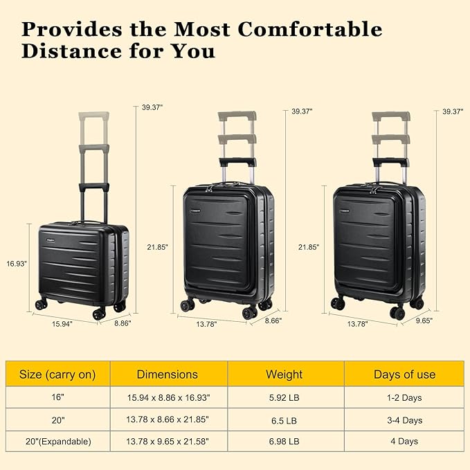 16 Inch Carry On Luggage Airline Approved, Expandable Lightweight ABS+PC Hard Shell Suitcases with 360° Spinner Wheels, TSA Lock, YKK Zippers (Black)