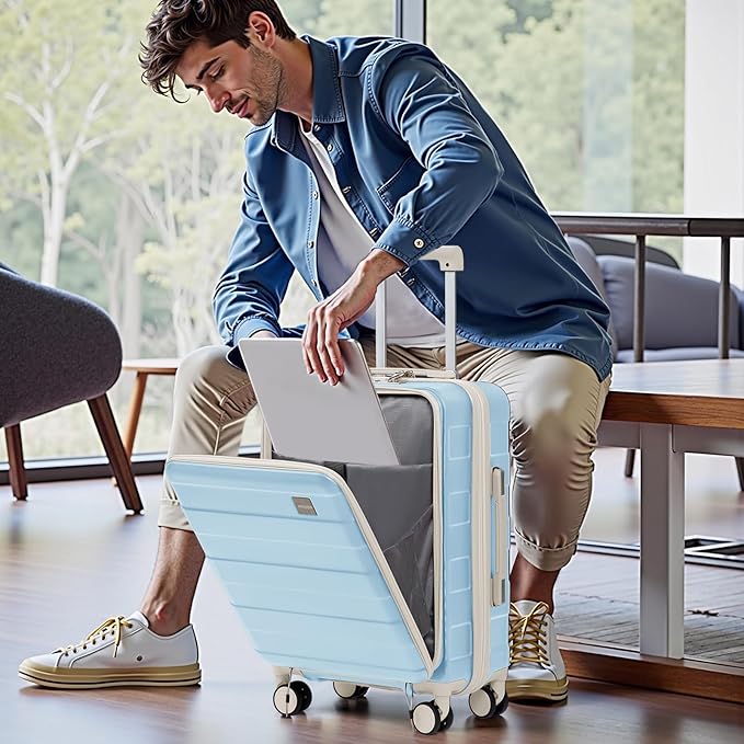 imiomo Carry on Luggage Airline Approved with Front Pocket and USB Port, Hard Shell 20 Inch Travel Carry-on Suitcase with Spinner Wheels and TSA Lock, Blue Beige