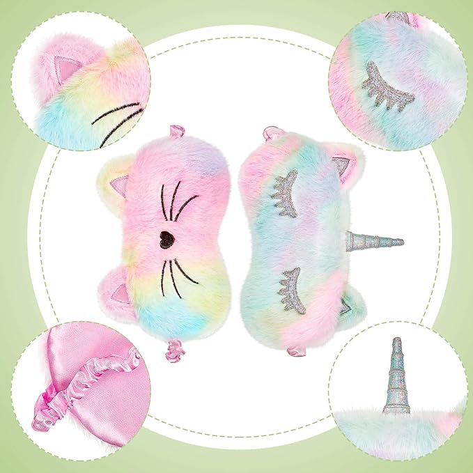 Geyoga Sleep Mask for Kids, Girls Plush Sleeping Eye Cover Soft Eye Blindfold Cover Animal Shade for Kids (Rainbow Color,Cat and Unicorn Style)