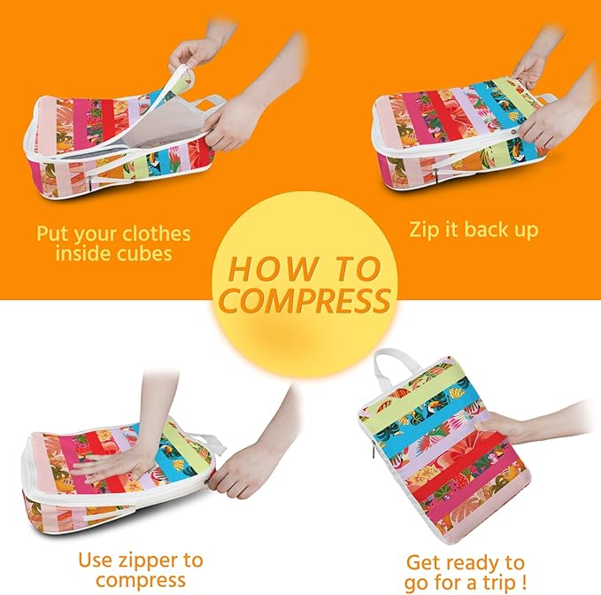 6 Pcs Compression Packing Cubes Waterproof Suitcase Travel Bag Luggage Backpack Organizer Travel Cubes for Packing-Tropical Banana