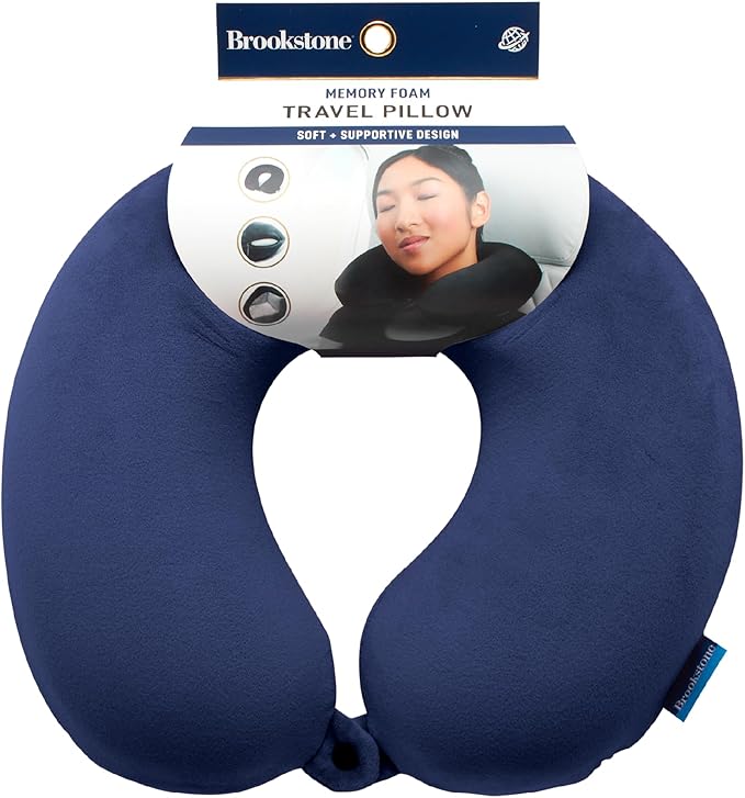 Brookstone Travel Neck Pillow - Lightweight Fleece Casing U-Shaped Stuffable Memory Foam Travel Pillow for Sleeping and Neck Support, Blue