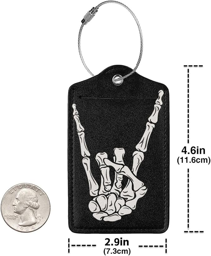 2 Pack Luggage Tags for suitcases Cool Skull Skeleton Rock TSA Approved Label Luggage Tag Baggage Tag Leather Stainless Steel Loop Label Tag for Men Women Travel Bag Suitcase