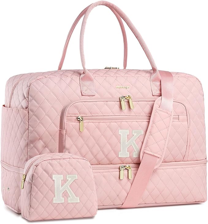 Initial Travel Duffle Bag for Women - Pink Personalized Weekender bags Overnight Bag with Shoe Compartment & Wet Pocket Weekend Tote Bags with Toiletry Bag Monogram Christmas Gifts (Letter K)