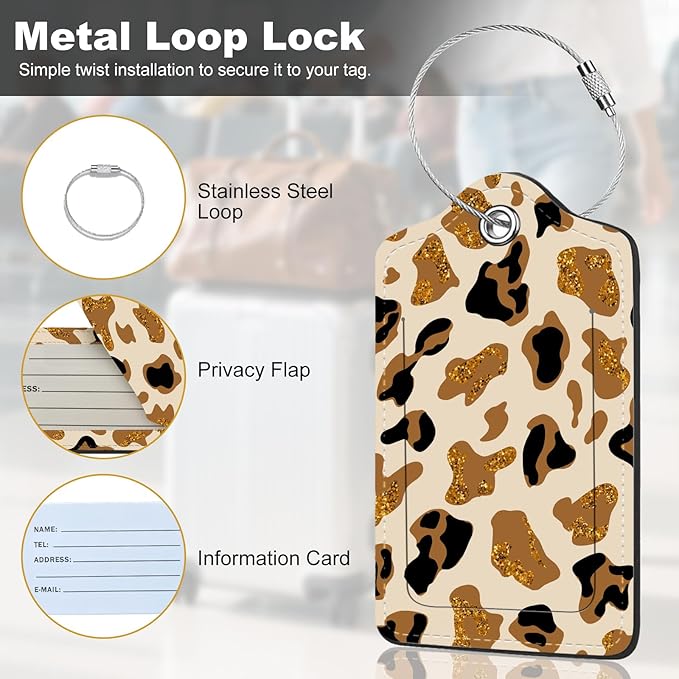 2Pack Luggage Tags for Suitcases, Cute Unique Pu Leather Cruise Luggage Tag with Privacy Cover ID Label Address Card and Metal Ring Suitable for Women Men Kids Travel Bag Brown Leopard Print