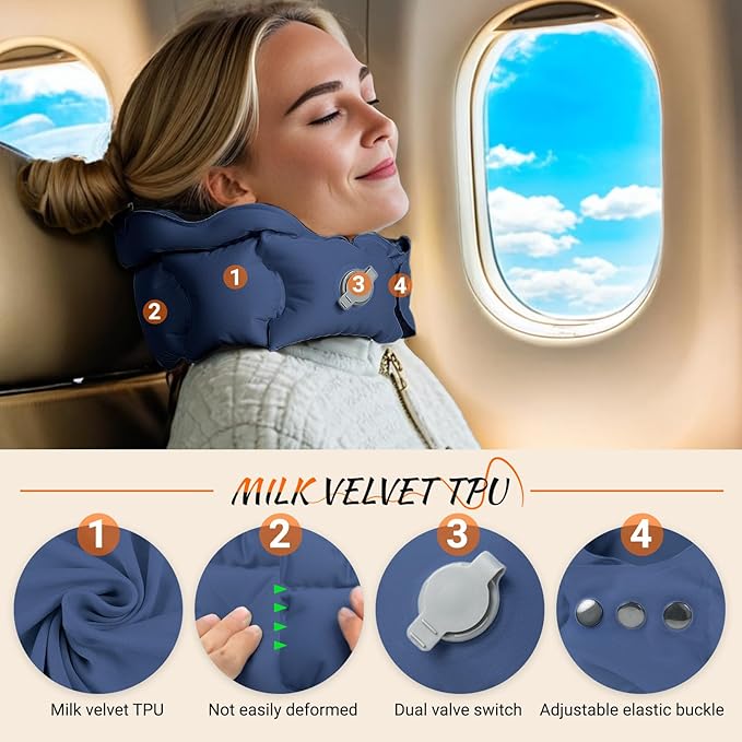 Inflatable Travel Pillow for Airplane, Inflatable Neck Pillow Airplane for Travel Office Nap Neck Support, Buy 1 Get 3 Professional Sleeping Eye Mask and Highly Silent-Navy Blue