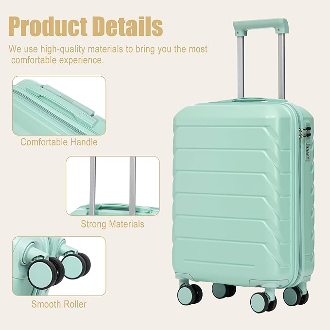 20 Inch Carry On Luggage, Lightweight ABS Hard Shell Suitcase with Spinner Wheels, Durable Travel Luggage with Combination Lock & Side Hooks for Men Women, Green