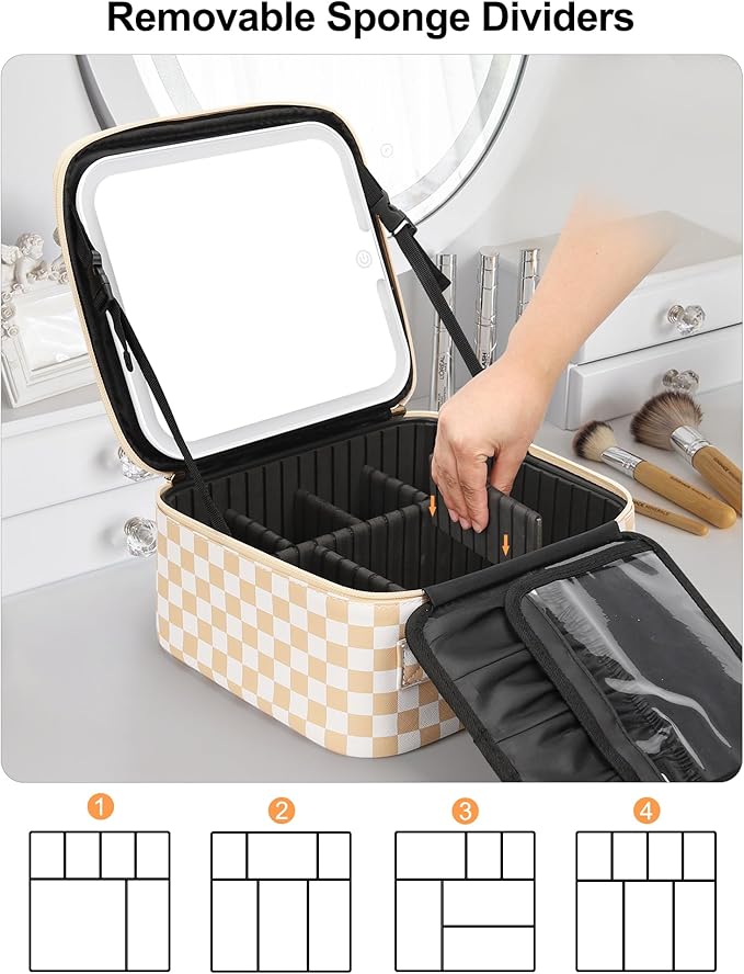 Relavel Travel Makeup Bag With LED Mirror, Cosmetic Train Case with Light up Mirror, Portable Makeup Artist Organizer Bag with Adjustable Dividers, Makeup Brush Holder Storage, Plaid