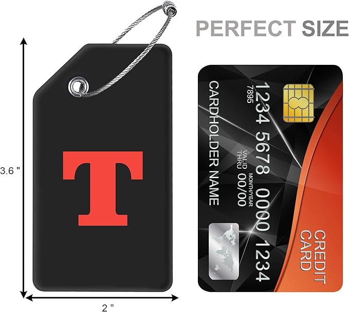 Gostwo 8 Pack Luggage Tags for Suitcases, 26 Initial Letter Travel Luggage Baggage Identification Labels ID Tags Fully Bendable Tags with Stainless Steel Loop (Letter T, Black)