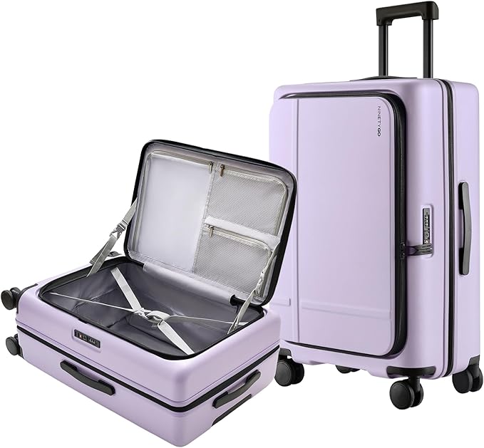 NINETYGO Medium Checked Luggage 25 Inch, Flat Top Opening Check In Luggage with Cup Holder, Expandable, Lightweight PC Hard Shell, TSA Lock, 360° Spinner Wheels (Lavender Taro Milk)