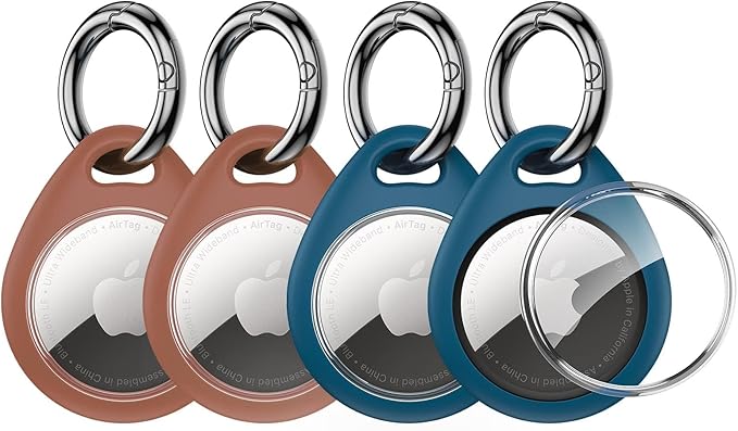 UNBREAKcable Holder for Apple AirTag - 4 Pack [Fit Tightly Design] [Easy to Install] [Hold Air Tag Securely] Waterproof TPU Shell Protective Case with All Metal Keychain Key Ring Clip (Brown&Blue)