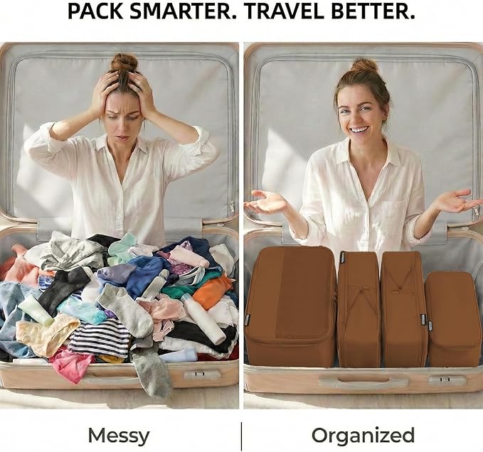 4 Piece Compression Packing Cubes for 3–7 Day Travel, Lightweight Travel Organizers with Breathable Mesh, Double-Zipper Packing Cubes for Carry-On & Suitcases (Light Brown)