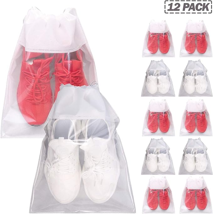 12 Pack Portable Shoe Bags for Travel Large Shoes Pouch Storage Organizer Clear Window with Drawstring for Men and Women White