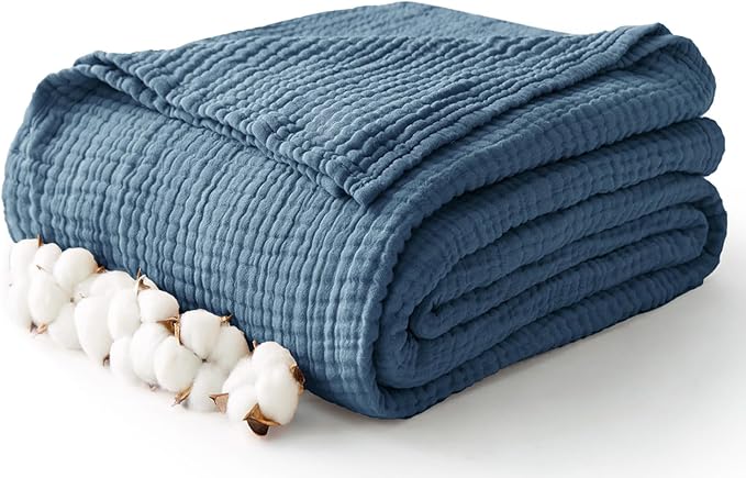 100% Cotton Muslin Blanket Twin XL 66" x 90", 6 Layers Breathable and Lightweight Twin Blanket for Bed, Soft Boho Bedspread, Gauze Bedding for All Season, Blue
