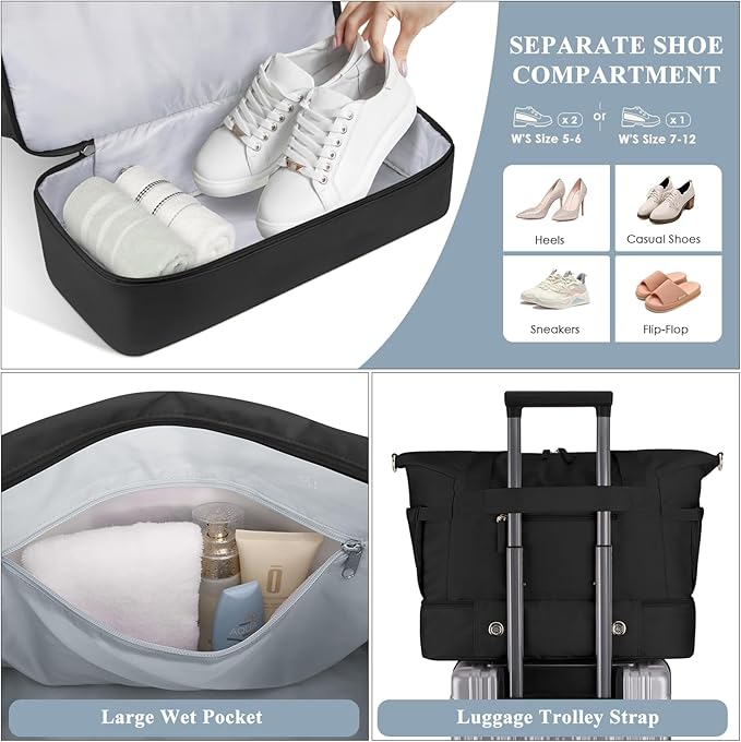 ETRONIK Gym Bag for Women, Personal Item Travel Bag with Shoes Compartment, Weekender Overnight Duffel Bag with Wet Pocket & USB Charging Port, Carry On Bag for Women, Travel, Gym, Weekend