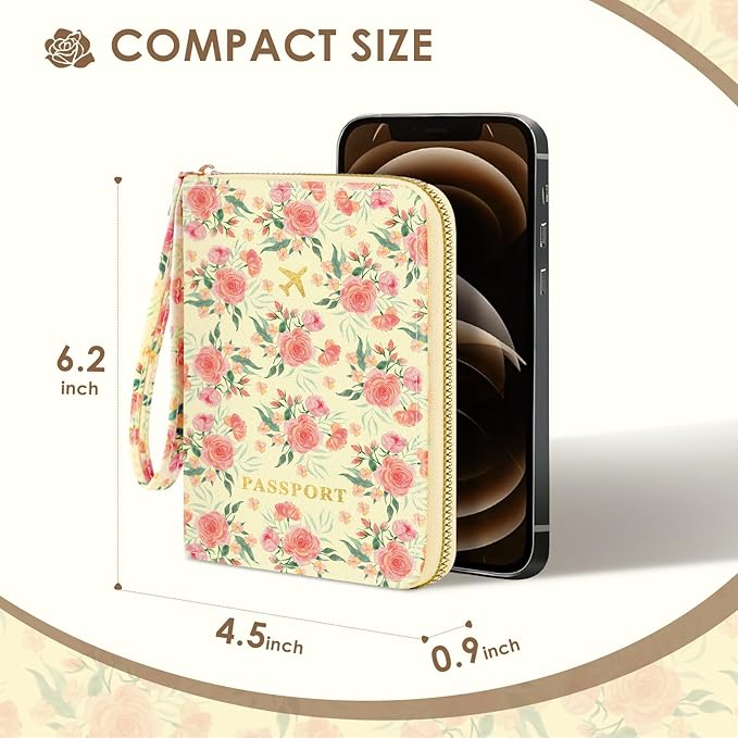 KONVINIT Passport Holder For Travel, RFID Blocking Leather Passport Cover For Travel Accessories, Passport Wallet with Zipper Closure, Cute Passport Book for Women and Men, Pink Flowers