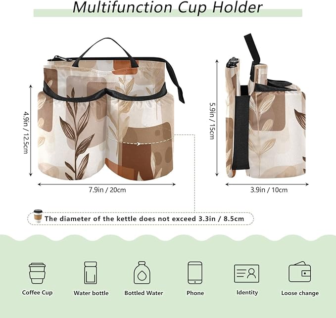 Luggage Cup Holder for Suitcases Free Hands Travel Cup Holder Portable Suitcase Cup Drink Holder Luggage Cup Caddy Bag Carrier Light Brown Boho Leaves