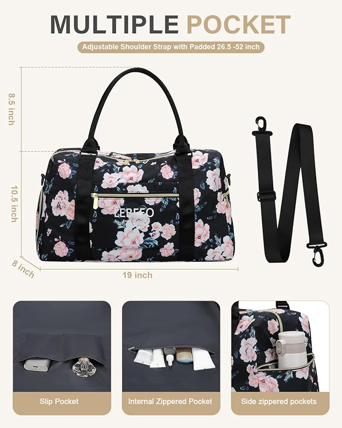 Travel Duffle Bag for Women Large Weekender Overnight Bags Gym Bag with Shoe Compartment Waterproof Hospital Bag Carry On Tote Bag for Airplanes,Black Flower