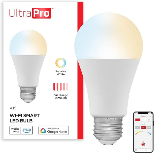 UltraPro Wi-Fi LED Smart Light Bulb, A19, 60W Equivalent, White Select Tunable 2700K - 6500K, Full-Range Dimmability, 2.4GHz Router Required, Circadian Rhythm, Easy-to-Use App, 51443