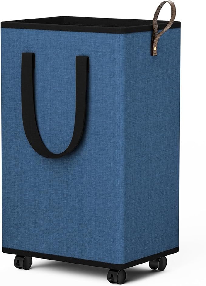 Laundry Basket with Wheels, Collapsible Laundry Baskets, Laundry Hamper with Handles Detachable Wheels, Rolling Laundry Basket, Dirty Clothes Hamper for Bathroom, Dorm, Bedroom, Navy, 80L
