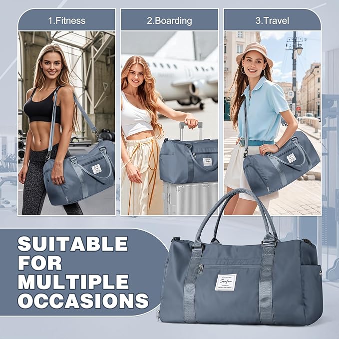 Weekender Duffel Bags for Women, Travel Totes Bag for Airplane, Cute Sports Gym Dance Overnight Luggage Bag with Wet Pocket Shoe Compartment, Carry On Hospital Bag for Labor and Delivery Haze blue