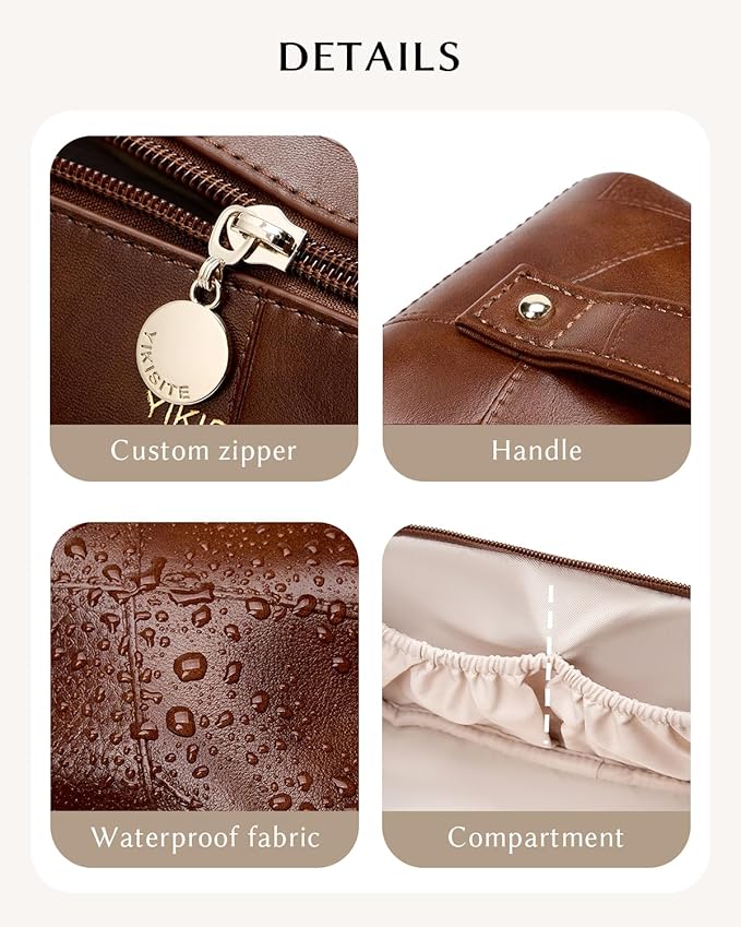 Makeup Bag, Travel Cosmetic Bags toiletry bag for Women, Waterproof PU Leather Make Up Pouch Organizer Travel Essentials Organizer with Divider (Brown)