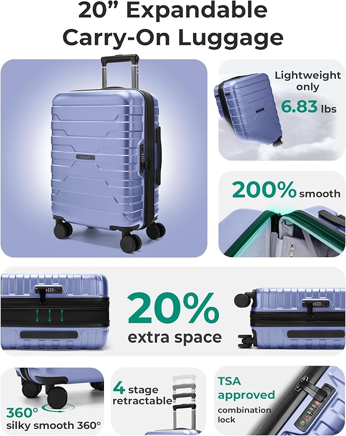 BAGSMART Carry On Luggage 22x14x9 Airline Approved with Spinner Wheels,Lightweight 20 Inch Luggage with TSA Lock,Expandable Hard Shell Carry On Suitcases for Men Women,Slate Blue