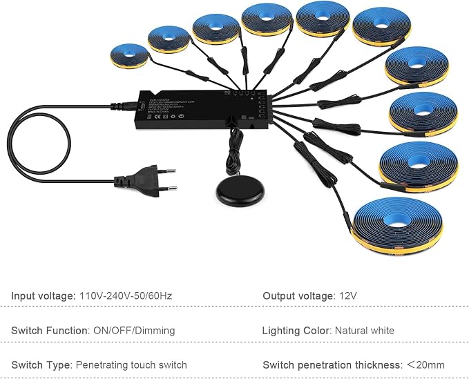 12V LED Cabinet Lighting Kit 10pcs Self-Adhesive Cuttable 6.56Ft 4000K | Black COB LED Strip Lights with 100W Adapter Touch Dimmable LED Recessed Lighting for Wood Slat Wall Panels Headboards Shelf