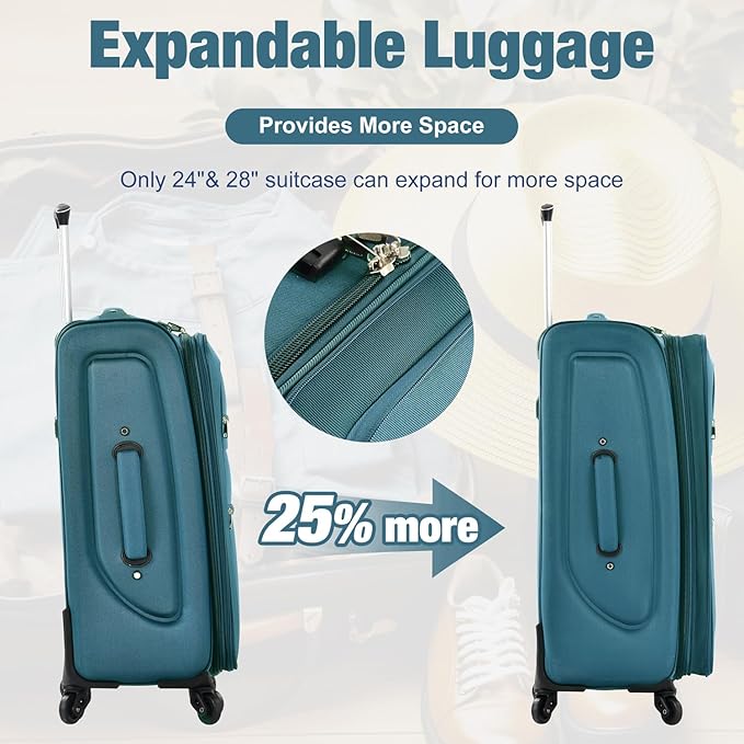 Luggage Sets Softside Expandable 3 Piece Set Lightweight Suitcase with Duffel Bag Upright Spinner Softshell, TSA Lock Carry On for Business for Family Travel (Green, 22"/26"/30")