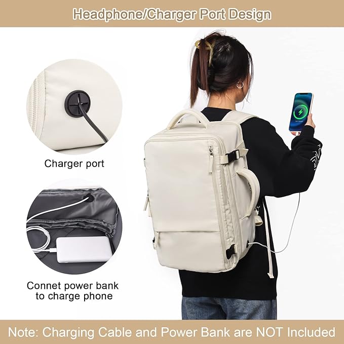 Travel Backpack for Women, Expandable 40L Carry on Flight Approved Backpack, 17 Inch Laptop Waterproof Travel Bag for College, Travel, Work, Beige