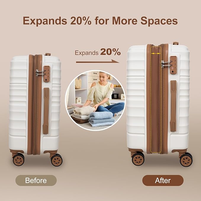 Romswi Expandable 22x14x9 Airline Approved,21" Carry On Luggage,Hardshell Suitcase with Double Spinner Wheels for 20% More Space, Lightweight Hardside Luggage, Scratch-Resistant & YKK Zipper, White
