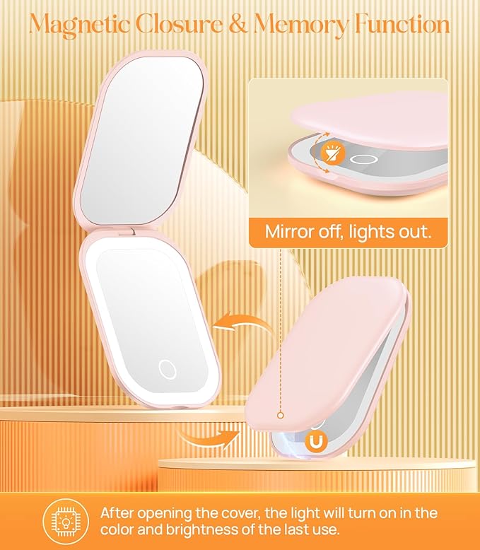 Gospire Lighted Travel Makeup Mirror with Light and Magnification 1X/3X, Stepless Dimming and 3 Color Adjustable Lights, Rechargeable Battery and Compact Size for Purse and Portable Use - Light Pink