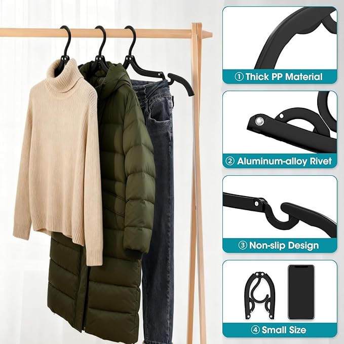Travel Hangers Portable Foldable Travel Hanger Organizer, Plastic Cruise Essentials Clothes Drying Rack Folding Hangers for Camping Flying RV Europe Vacation Essentials Suitcase (Black, 20 Pack)