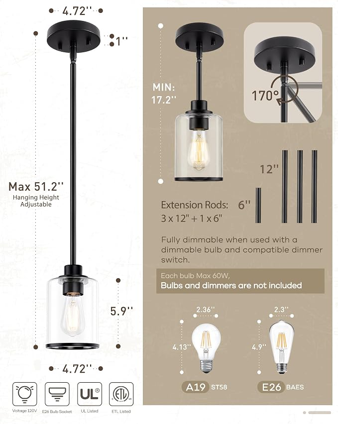 Beionxii 2 Pack Pendant Light Fixtures, Glass Pendant Lights Kitchen Island | Farmhouse Pendant Lighting,Modern Hanging Pendant Light w/Rod for Kitchen Island Dining Room Bedroom Entryway,BX-PL02MB-2CG+R