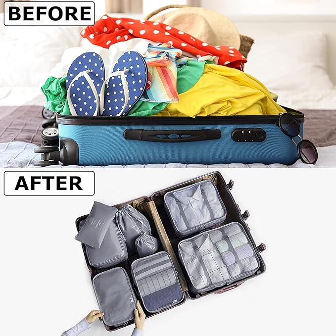 8 Set Packing Cubes for Suitcases Travel Luggage Packing Organizers,Travel Essentials Accessories Luggage Organizer with Shoe Bag Tioletry/Laundry Bag（Grey）