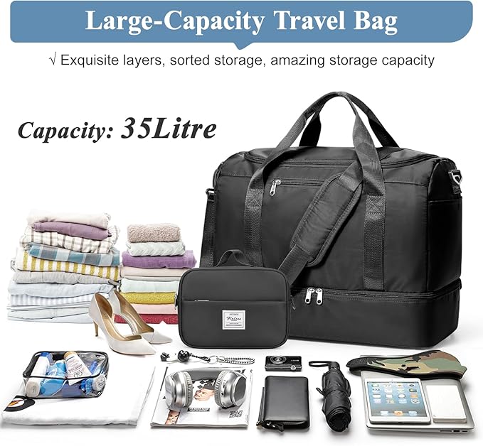 Travel Duffel Bag for Women, Carry-on Overnight Weekender Bags with Wet Pocket & Toiletry Bag, For Spirit Airlines 18x14x8 Personal Item Bag,3 Pcs Set,Small,Black