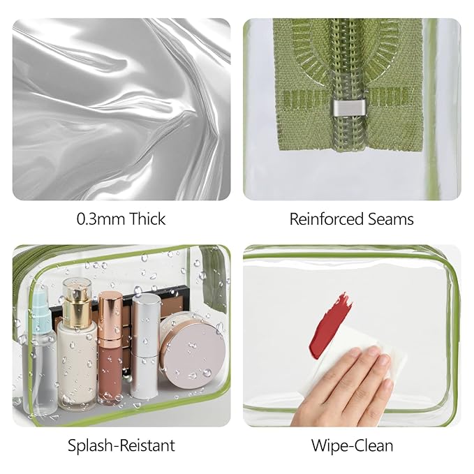 PACKISM TSA Approved Toiletry Bag - Clear Makeup Bag 3 Pack Medium, Quart Size Bag for 3-1-1 Liquids with Metal Smooth Zipper, Travel Makeup Bag for Women, Airport Airline Compliant Bag, Sage Green