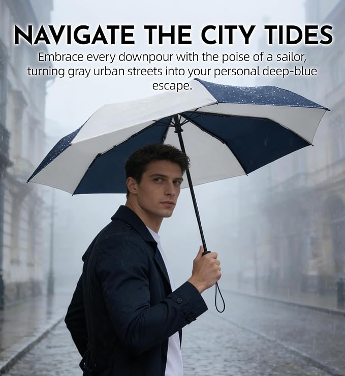 Windproof Travel Umbrella for Rain - 43" Auto Open Close 8-Rib Compact, Stylish Two-Tone Color Block Design, Easy-Close Folding Portable Parasol for Men & Women