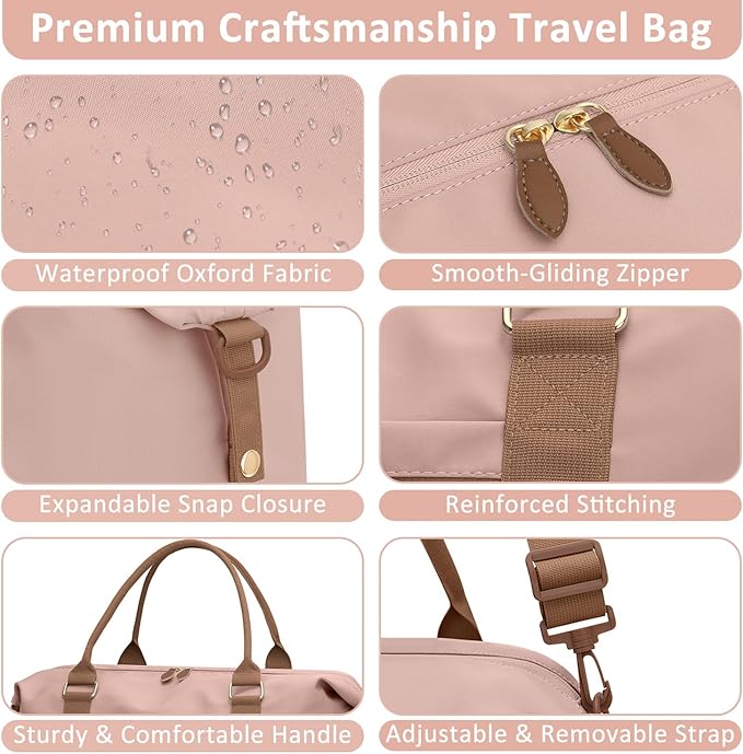 Travel Duffle Bag for Women, Weekender Bags, Hospital Bag for Labor Delivery, Lightweight Tote Duffel Overnight Bag with Luggage Sleeve, Airplane Travel Bags with Toiletry Bag, Large, Pink