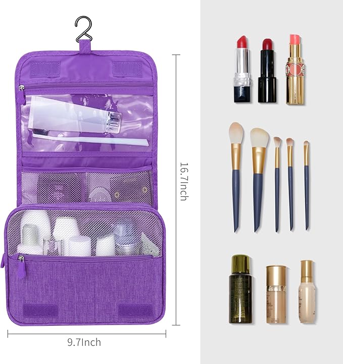 Large Capacity Toiletry Bag Travel Bag with Hanging Hook for Men and Women Waterproof Travel Cosmetic Bag Bathroom Storage Bag for Brushes Set, Full-Sized Shampoo, Toiletries, (Purple)